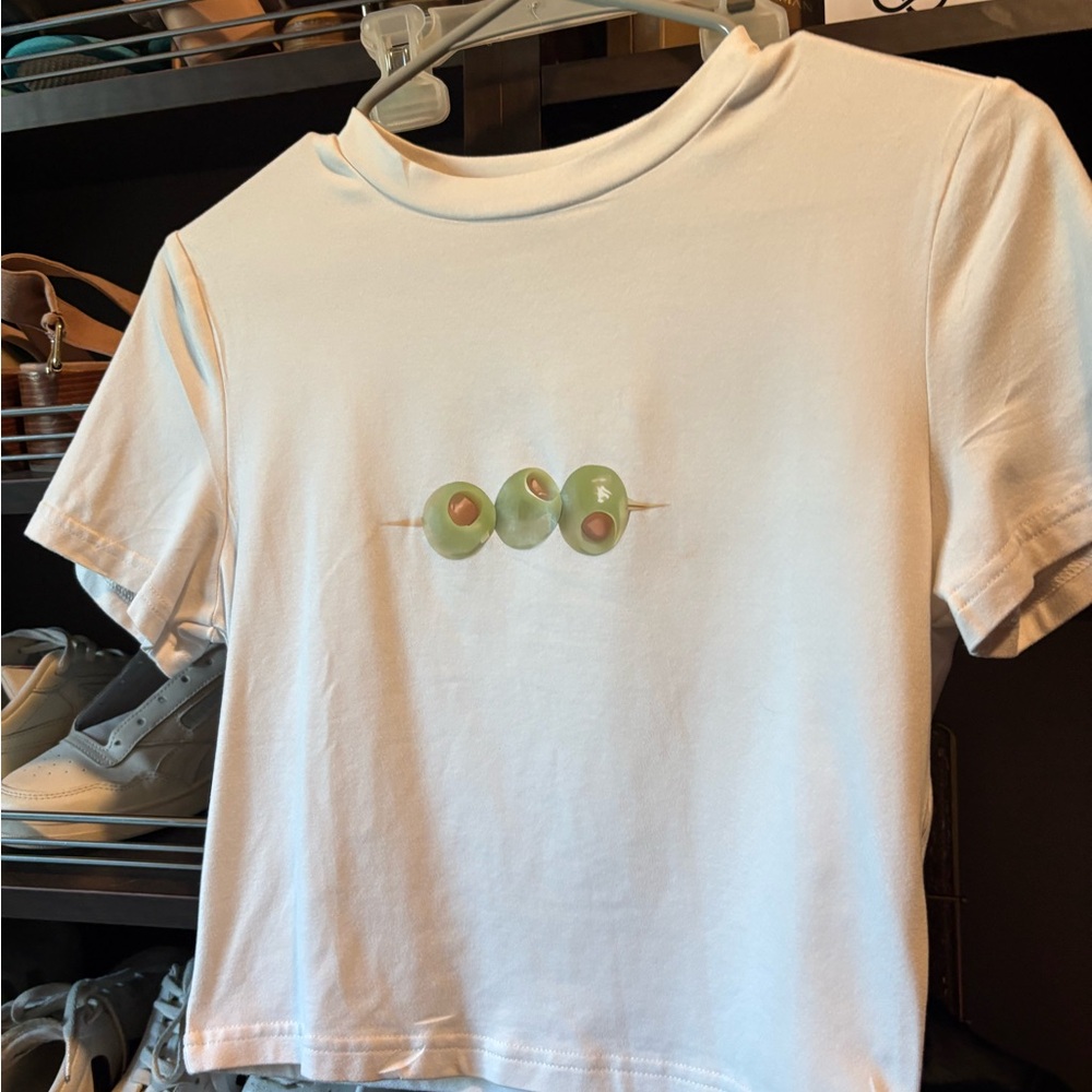 SHEIN White Crop Top with Olive Design